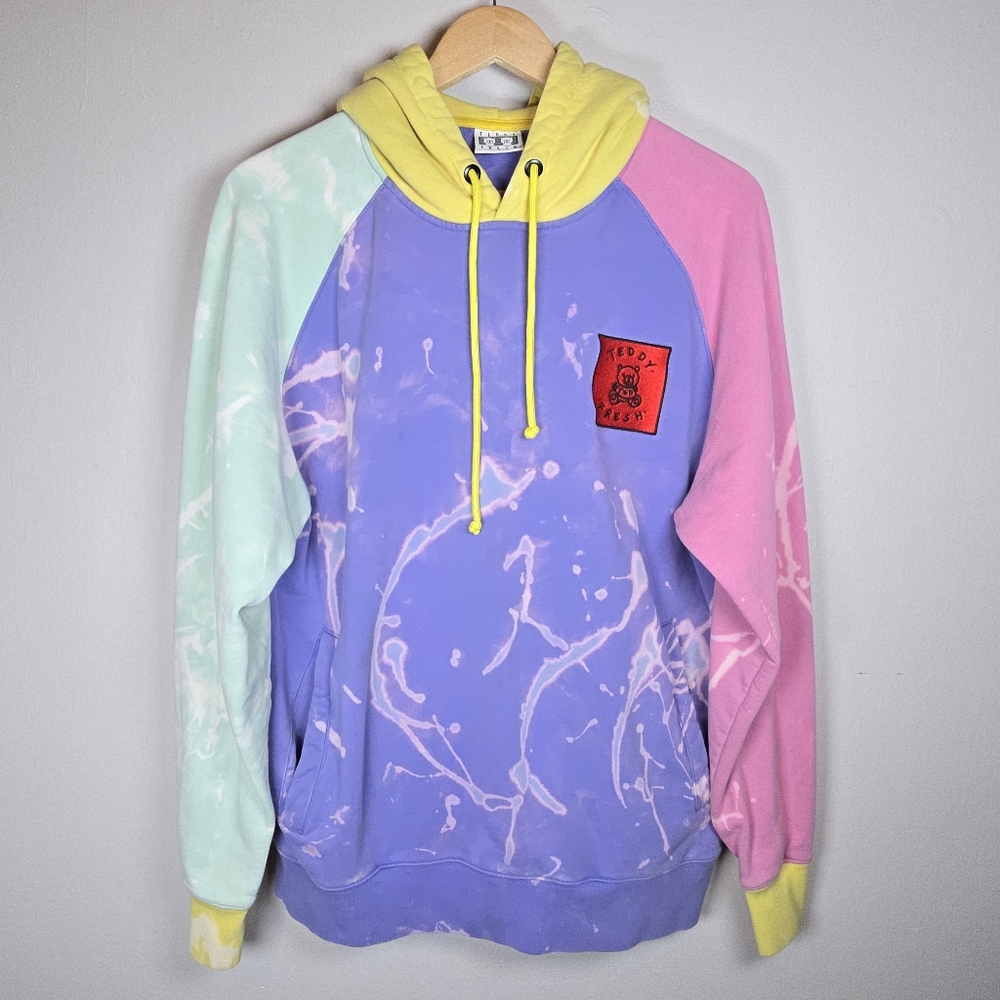 Teddy Fresh Men's Tie Dye Sweatshirt Pocket Hoodie Colorblock Medium Streetwear